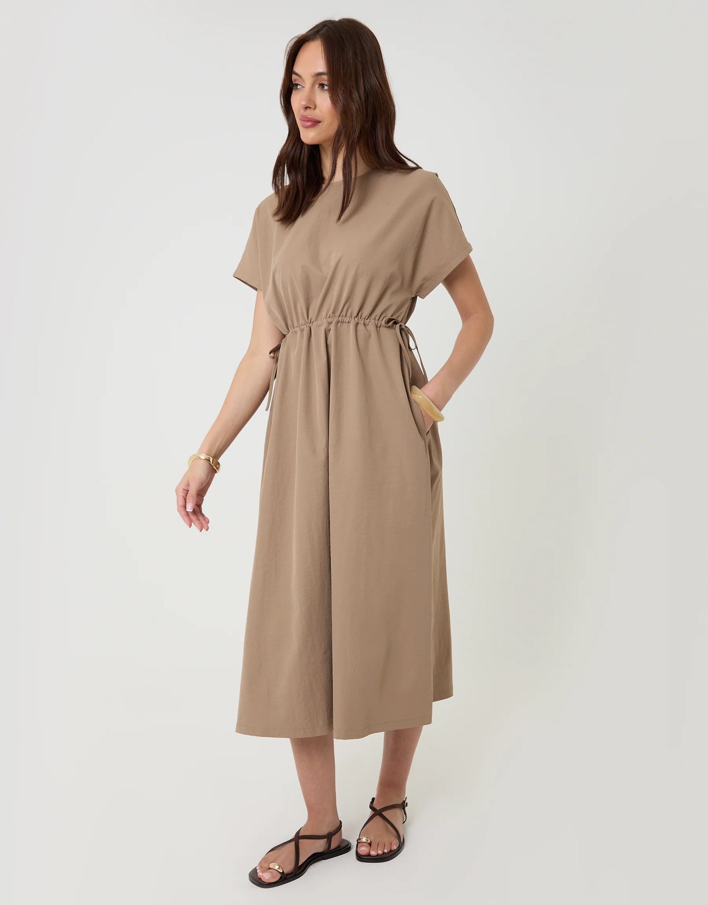 Taupe Kimono Sleeve Drawstring Waist Midi Dress