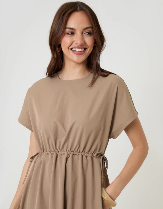 Taupe Kimono Sleeve Drawstring Waist Midi Dress